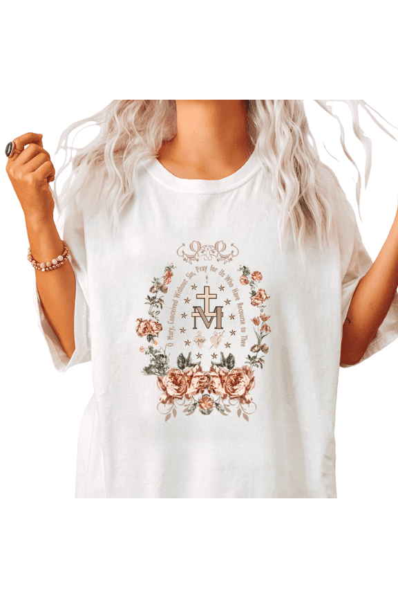 Womens O Mary Pray For Us Floral Marian Cross Graphic Short Sleeve Crewneck T-Shirt S-5XL White Tops
