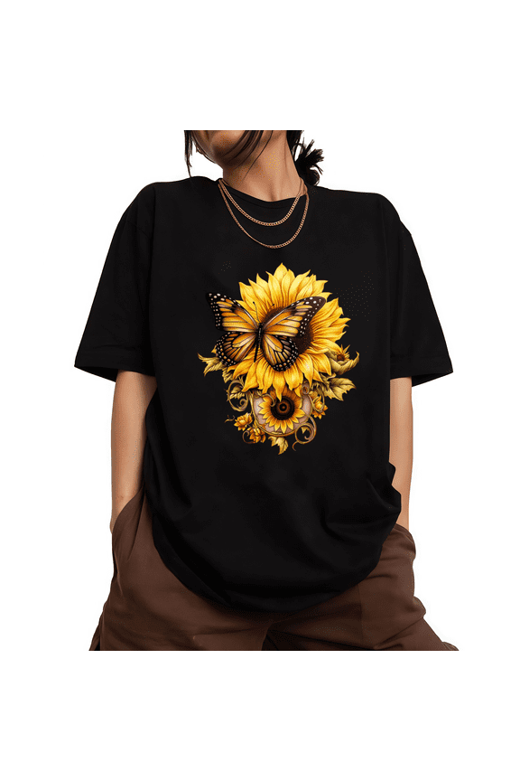 Womens Ornate Scrollwork Sunflower With Monarch Butterfly Graphic Short Sleeve T-Shirt S-5XL Black Tops