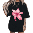 thumbnail image 1 of UNISHE Womens Pastel Pink Lily Artwork Short Sleeve T-Shirt S-5XL Black Tops, 1 of 5