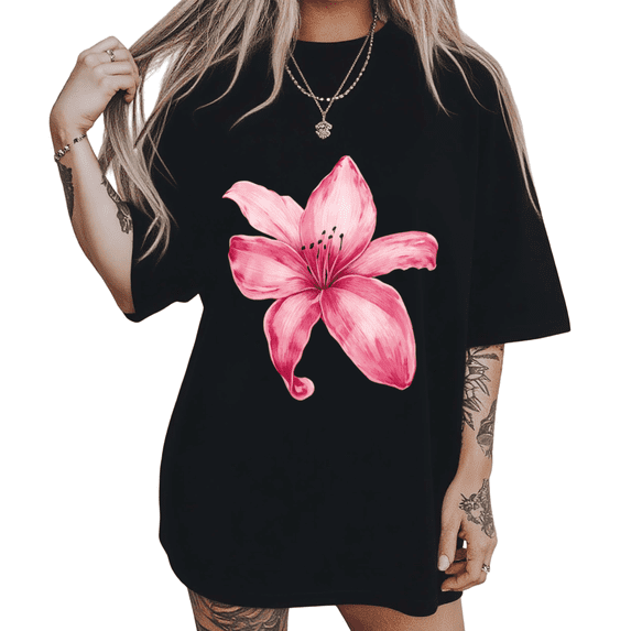UNISHE Womens Pastel Pink Lily Artwork Short Sleeve T-Shirt S-5XL Black Tops