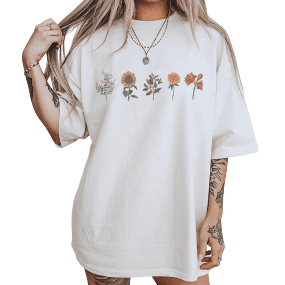 UNISHE Womens Pastel Wildflower Row Print Graphic Short Sleeve Crewneck T-Shirt S-5XL White Tops