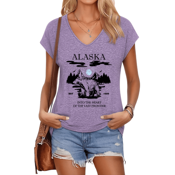 UNISHE Womens Purple Alaska Frontier Print V Neck Short Sleeve T-Shirt Vintage Travel Souvenir S-5XL Tops