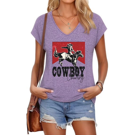 UNISHE Womens Purple Cowboy Country Print V Neck Short Sleeve T-Shirt Festival S-5XL Tops