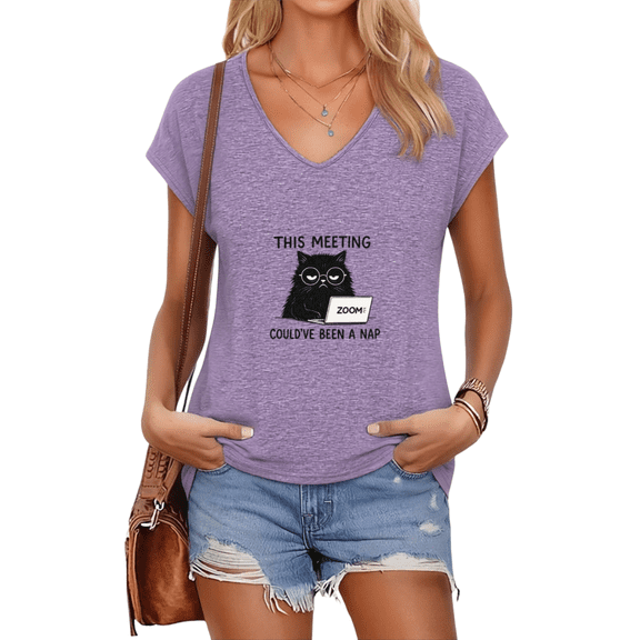 UNISHE Womens Purple Vintage Weary Black Cat Zoom Laptop Portrait Graphic S‑5XL V Neck Short Sleeve T‑Shirt Youth Trend Handcraft Market Daily Tops
