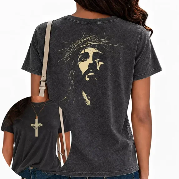 UNISHE Womens Religious Print T-Shirts Jesus Portrait & Crown of Thorns Graphic Tees Vintage Washed Streetwear Tops Black, S
