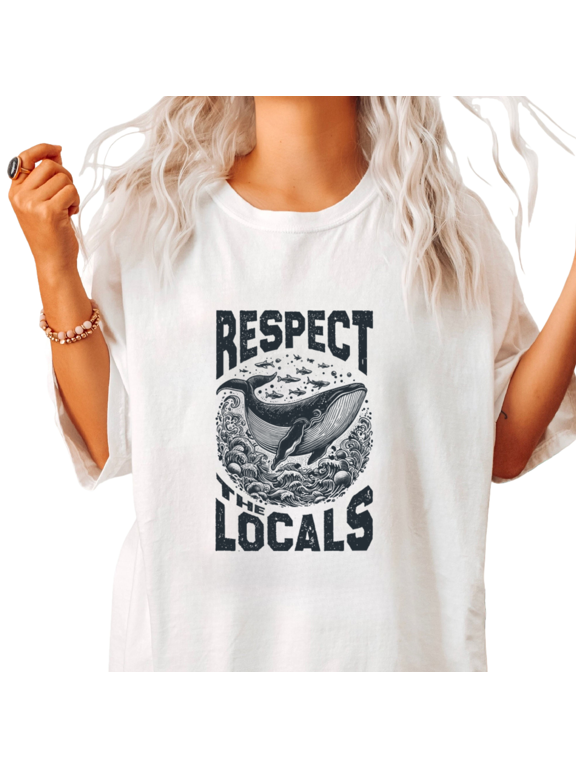 Womens Respect The Locals Ocean Whale Graphic Short Sleeve T-Shirt S-5XL white Tops