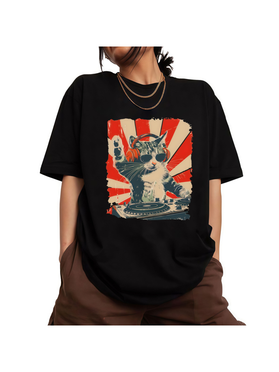 Womens Retro DJ Cat Graphic Short Sleeve Crewneck T-Shirt S-5XL Black Tops