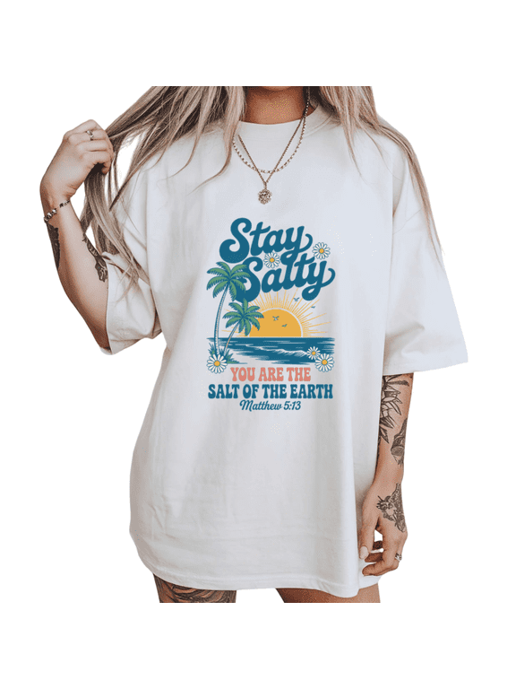 Womens Retro Floral Palm Wave Graphic Short Sleeve T-Shirt S-5XL White Tops