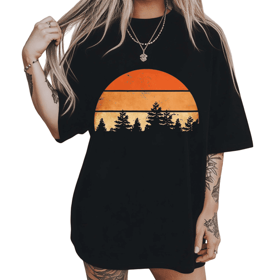 UNISHE Womens Retro Forest Sunset Graphic Short Sleeve Crewneck T-Shirt S-5XL Black Tops