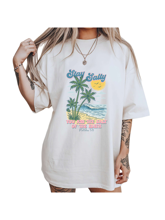 Womens Retro Palm Wave Summer Graphic Short Sleeve T-Shirt S-5XL white Tops