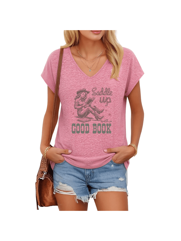 Womens Rose Red Saddle Up With A Good Book Print V Neck Short Sleeve T-Shirt Vintage Western Reader Vibe S-5XL Tops