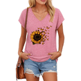 thumbnail image 1 of UNISHE Womens Rose Red Sunflower Butterfly Print V Neck Short Sleeve T-Shirt Nature Inspired Casual S-5XL Tops, 1 of 6