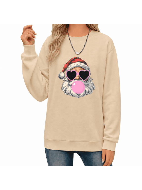Womens Santa Bubble Gum Graphic Sweatshirt Playful Christmas Holiday Heart Sunglasses Crewneck Pullover