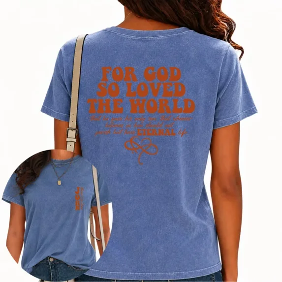 UNISHE Womens Scripture Graphic Tees Vintage Wash T-Shirts Relaxed Fit Short Sleeve Religious Streetwear Tops Blue, 2XL