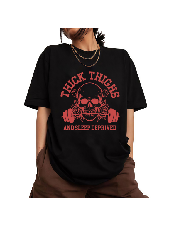 Womens Skull and Barbell Workout Quote Graphic Short Sleeve Crewneck T-Shirt S-5XL Black Tops