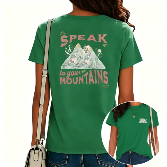 UNISHE Womens Speak To Your Mountains Print T-Shirt Faith Casual Short Sleeve Tops for Daily Outfit Green, 3XL