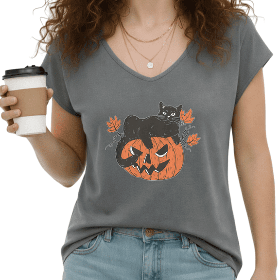 UNISHE Womens Spooky Black Cat Pumpkin Patch Graphic T-Shirt Vintage Festive Halloween Party V Neck Tee Dark Gray, S