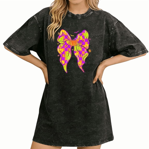 UNISHE Womens Spooky Halloween Pumpkin Bat Bow Graphic Tee Trendy Festive Party Loose Casual Short Sleeve Top