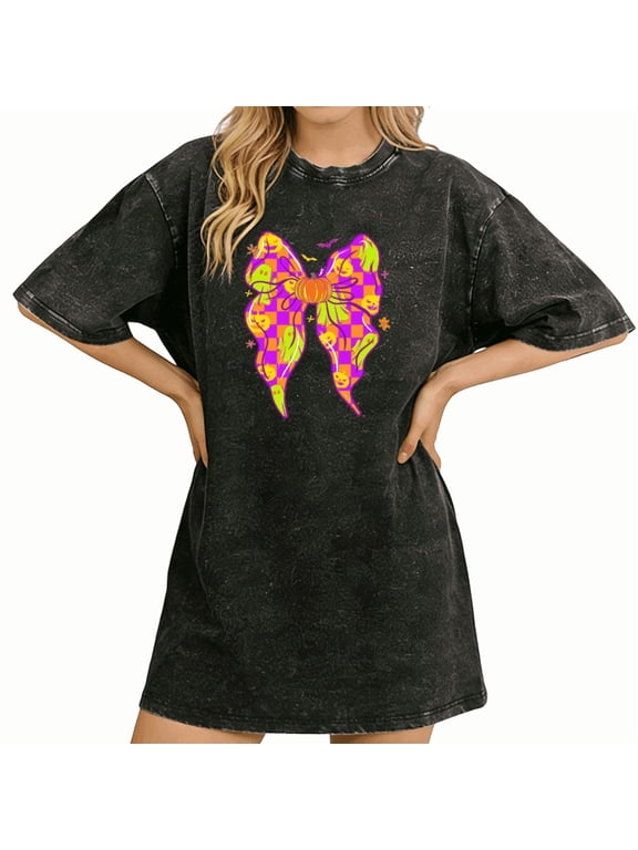 Womens Spooky Halloween Pumpkin Bat Bow Graphic Tee Trendy Festive Party Loose Casual Short Sleeve Top