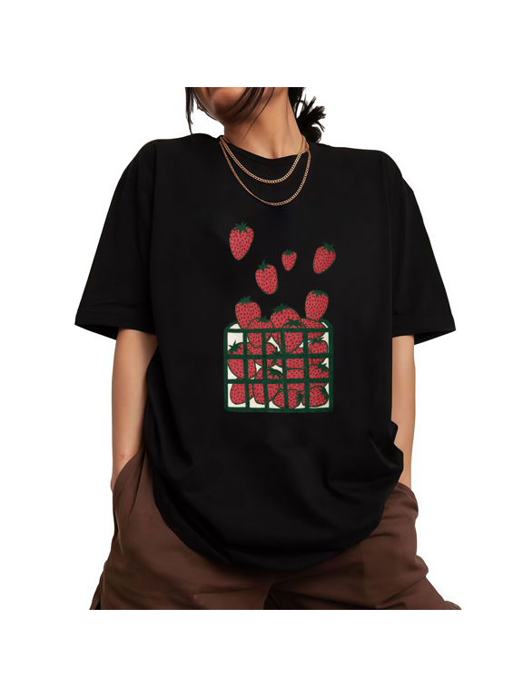 Womens Strawberry Basket Fruit Graphic Short Sleeve Crewneck T-Shirt S-5XL Black Tops