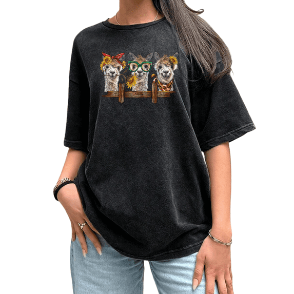 UNISHE Womens Sunflower Alpaca Trio Graphic Vintage Washed T-Shirt Short Sleeve Oversized Fit Black S-5XL Tops