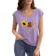 UNISHE Womens Sunflower Butterfly Heart Print T-Shirts Sleeveless V Neck Tank Top Summer Tees Purple, S