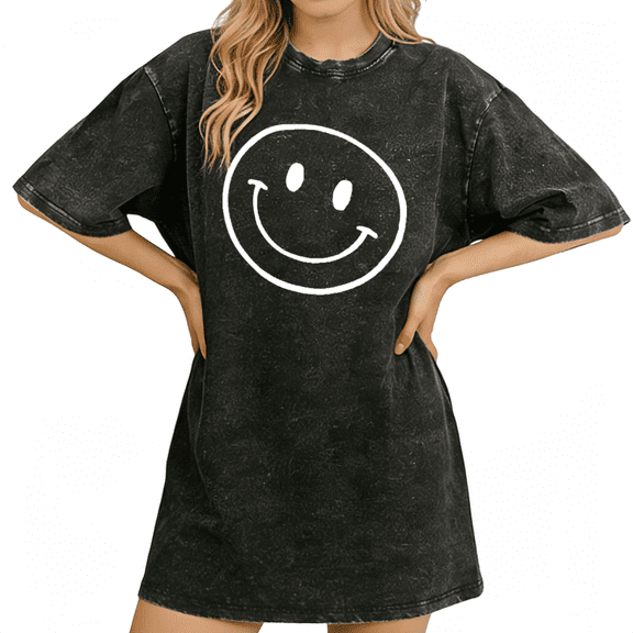 UNISHE Womens T-Shirt Simple Line Art Smiley Face Graphic Vintage Washed Short Sleeve Loose Fit Black S-5XL Tops