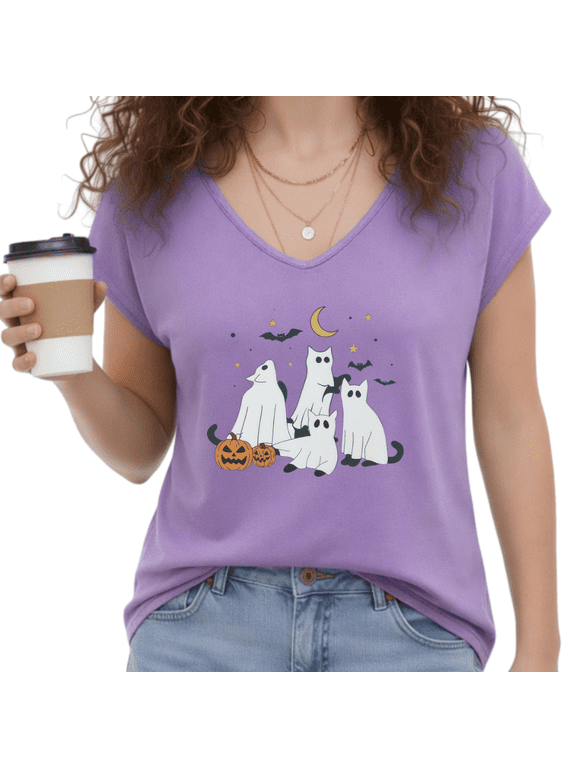 Womens Tis The Season Ghost Graphic Print Tee Spooky Festive Autumn Pumpkin V Neck Sleeveless Tank Top Purple, 4XL