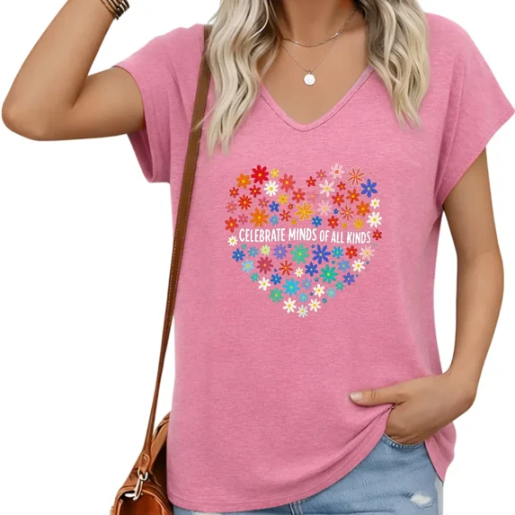 UNISHE Womens V-Neck Cap Sleeve T-Shirt Diversity Celebration Loose Fit Floral Heart Tee for Women