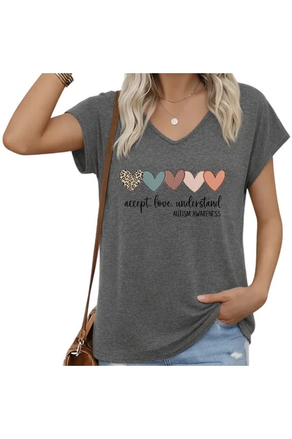 Womens V-Neck Cap Sleeve T-Shirt Featuring Autism Awareness Slogan Loose Fit Summer Graphic Tee