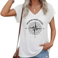 thumbnail image 1 of UNISHE Womens V-Neck Cap Sleeve T-Shirt Featuring Compass Design Slogan Loose Fit Summer Graphic Tee, 1 of 6