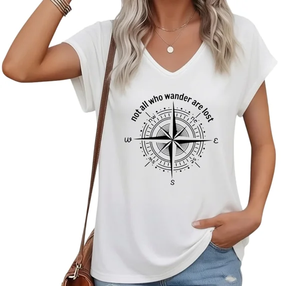 UNISHE Womens V-Neck Cap Sleeve T-Shirt Featuring Compass Design Slogan Loose Fit Summer Graphic Tee