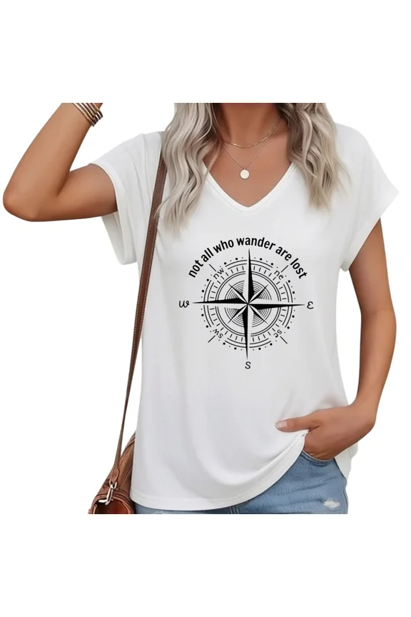 Womens V-Neck Cap Sleeve T-Shirt Featuring Compass Design Slogan Loose Fit Summer Graphic Tee