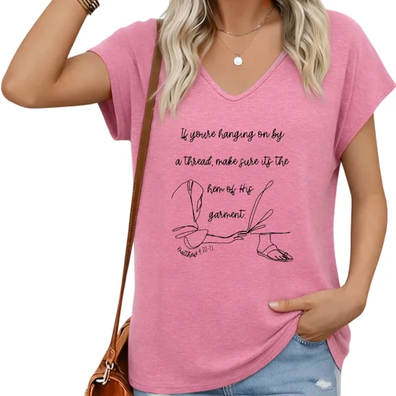 UNISHE Womens V-Neck Cap Sleeve T-Shirt Featuring "Hanging on by a Thread" Quote Loose Fit Summer Graphic Tee