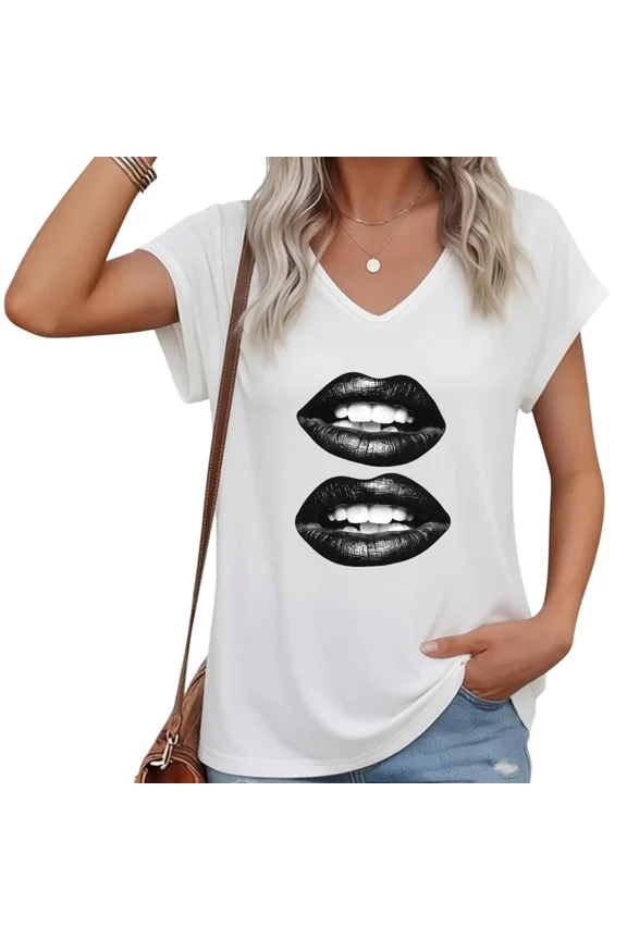 Womens V-Neck Cap Sleeve T-Shirt Featuring Lip Art Loose Fit Casual Short Sleeve Tee