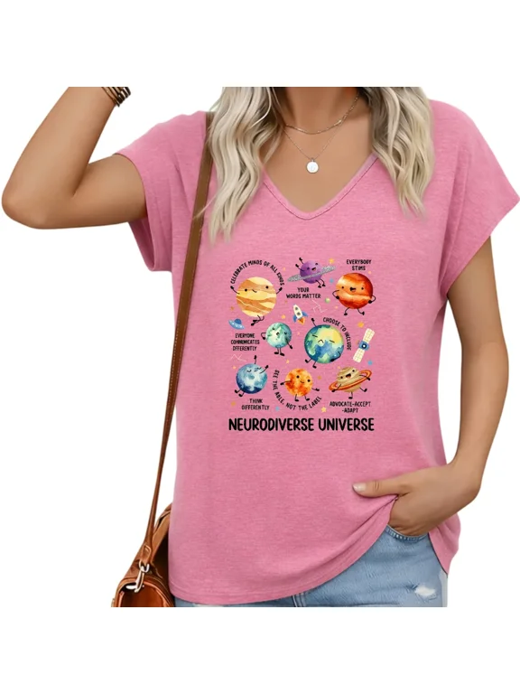 Womens V-Neck Cap Sleeve T-Shirt Featuring See The Ability Not The Label Loose Fit Summer Graphic Tee