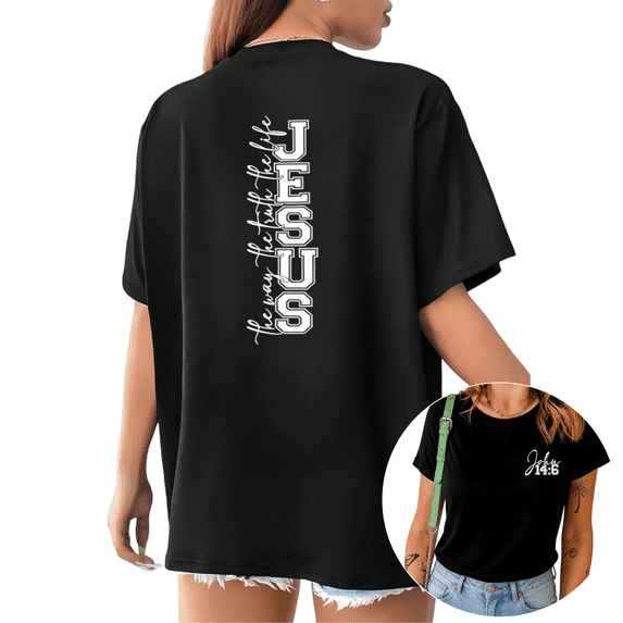 UNISHE Womens Vertical Jesus Print Faith Inspired Short Sleeve T-Shirt S-5XL Black Tops