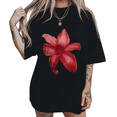 thumbnail image 1 of UNISHE Womens Vibrant Crimson Lily Print Short Sleeve T-Shirt S-5XL Black Tops, 1 of 5