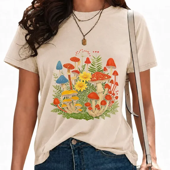UNISHE Women Vintage Washed Mushroom Graphic Tees Botanical Forest Print T-Shirts Crewneck Streetwear Tops Apricot, M