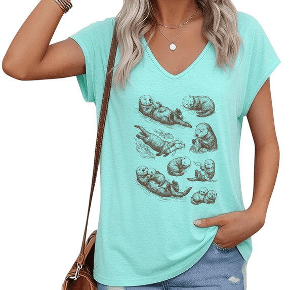 UNISHE Womens Vintage Otter Sketch Print V Neck Top Casual Summer Short Sleeve Tee