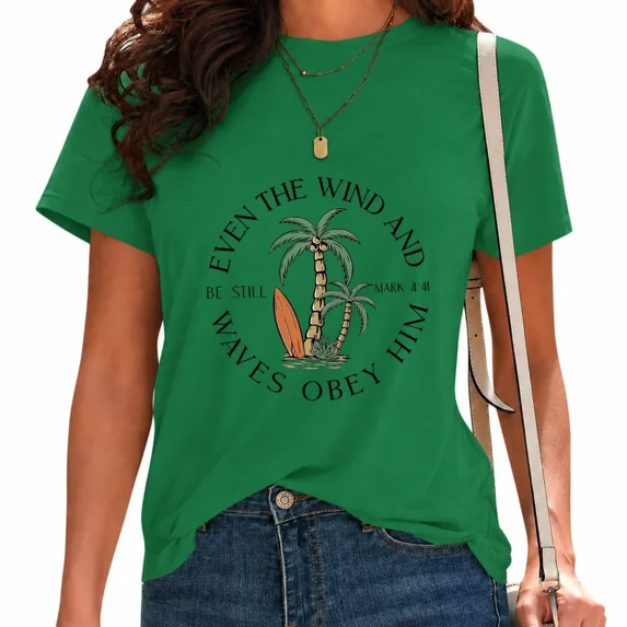 UNISHE Womens Vintage Palm Tree Beach Graphic Tee Casual Summer Short Sleeve T-Shirt Green, S