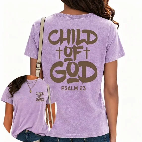 UNISHE Womens Vintage Washed Christian Print T-Shirts "Child of God" Faith Graphic Apparel Streetwear Tops Purple, 2XL