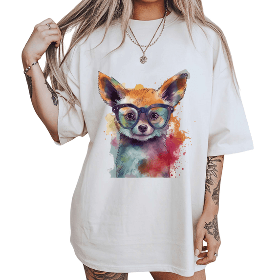 UNISHE Womens Watercolor Fennec Fox with Glasses Graphic Short Sleeve Crewneck T-Shirt S-5XL White Tops