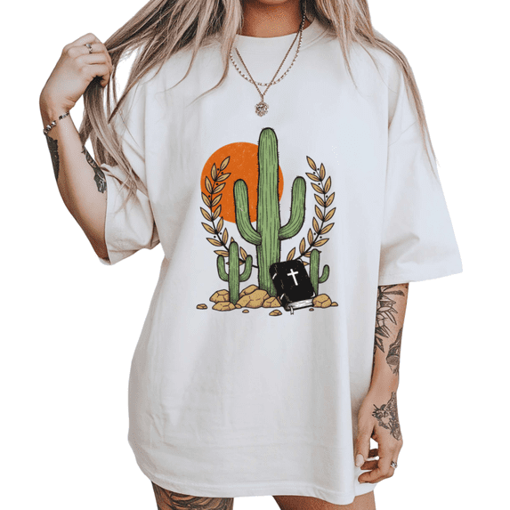 UNISHE Womens Western Cactus Olive Graphic Short Sleeve T-Shirt S-5XL White Tops