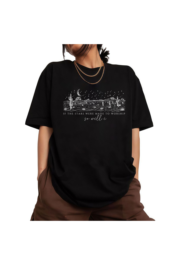 Womens Western Desert Night Faith Graphic Short Sleeve Crewneck T-Shirt S-5XL Black Tops