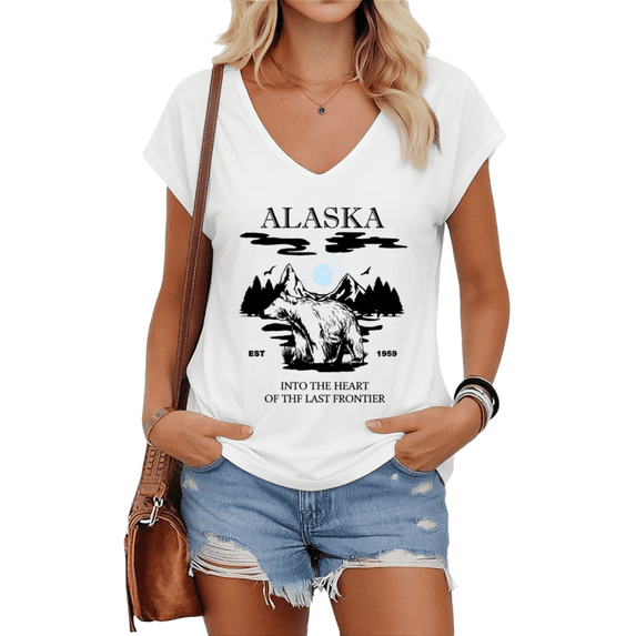 UNISHE Womens White Alaska Frontier Print V Neck Short Sleeve T-Shirt Vintage Travel Souvenir S-5XL Tops
