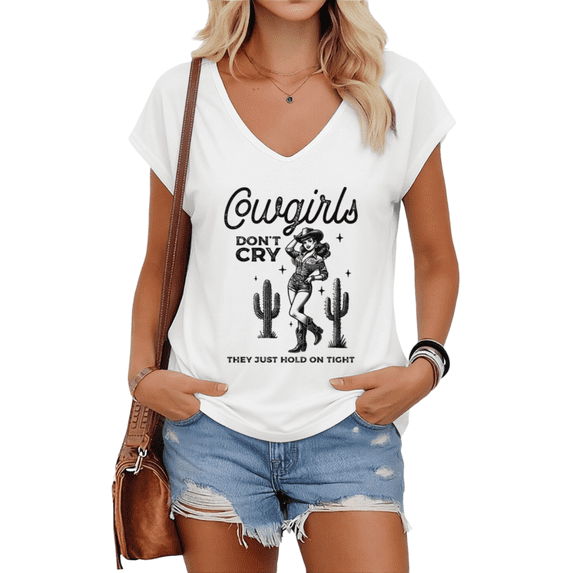 UNISHE Womens White Cowgirl Hold On Tight Print V Neck Short Sleeve T-Shirt Retro Western Casual Wear S-5XL Tops