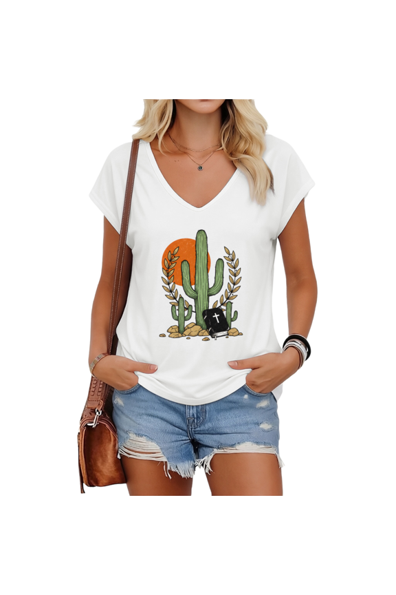 Womens White Desert Cactus Cross Faith Print V Neck Short Sleeve T-Shirt Suburb Open Market Daily Outfit S-5XL Tops