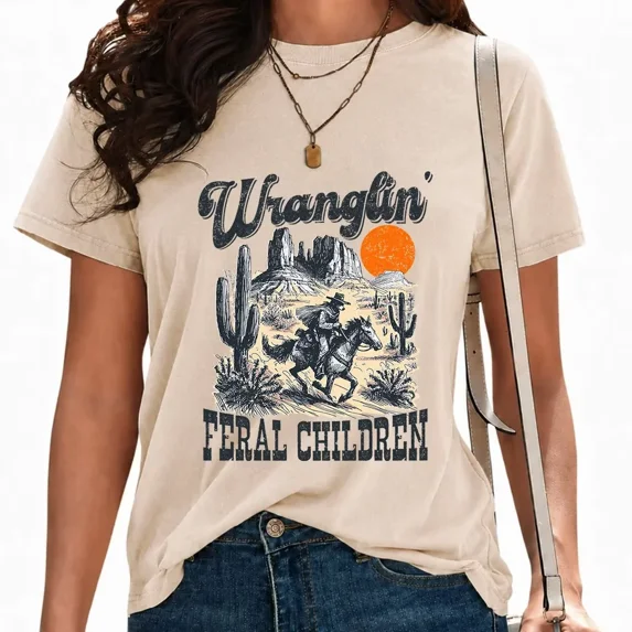 UNISHE Womens Wranglin Feral Children Graphic Tees Vintage Acid Wash Western Mom Print T-Shirts Short Sleeve Tops Apricot, M