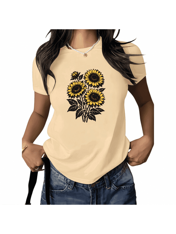 Yellow Sunflower Graphic Tee Bold Contrast Print Short Sleeve Crewneck Summer Casual Blouse